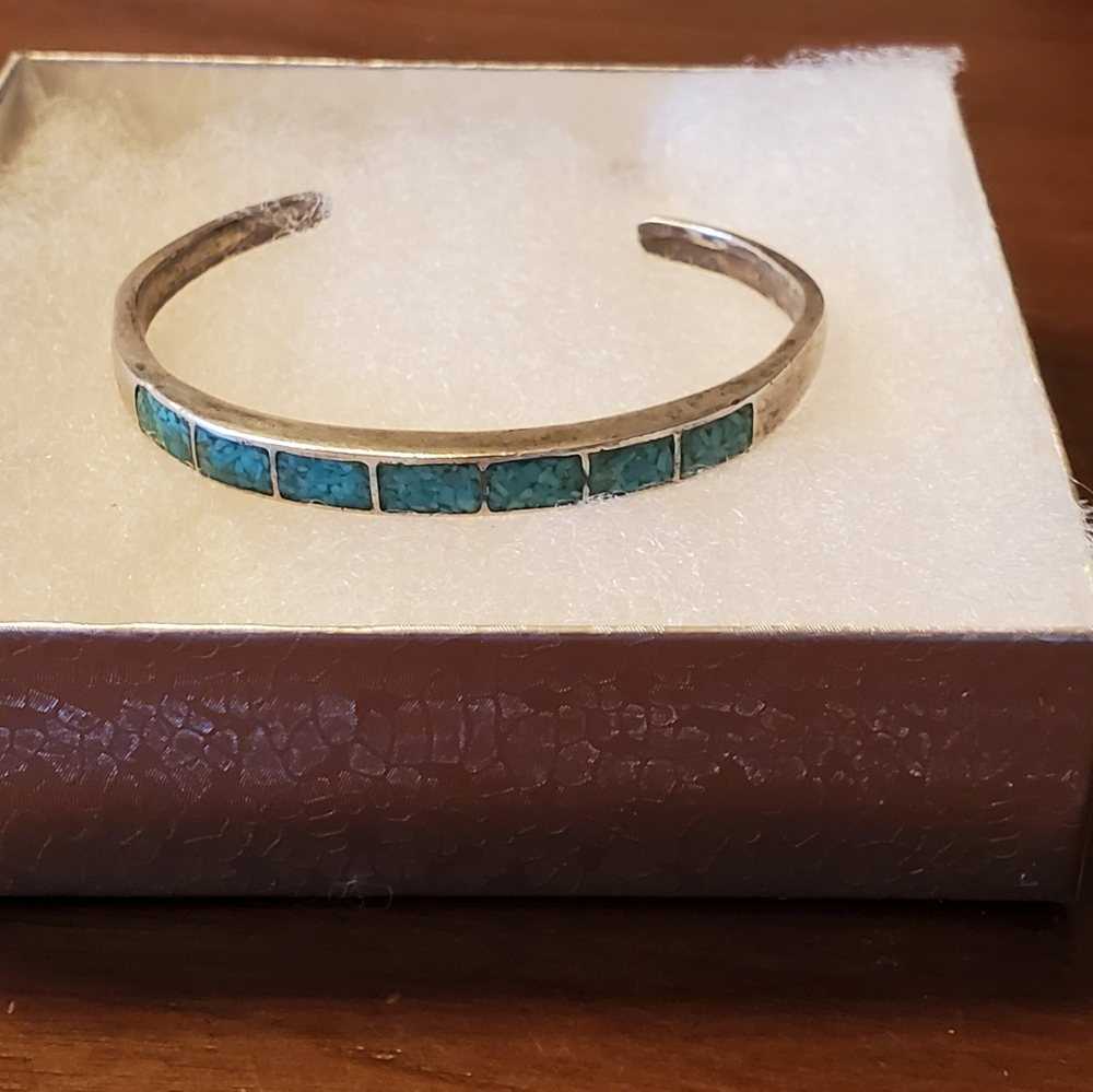 Navajo Vintage Sterling Silver Turquoise Inlay Cuff Bracelet - Picture 2 of 14